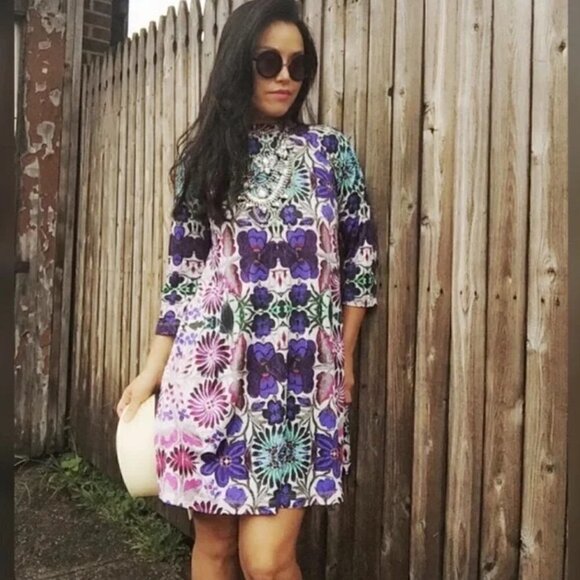 Free People New Romantics Fiesta Trapeze Mini Dress M Purple Floral Stretch - Picture 1 of 14